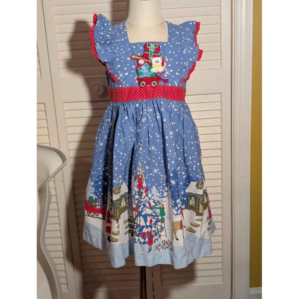 Eleanor Rose Christmas Dress | Girls 4T–5T | Blue Red Holiday Scene - Picture 1 of 8